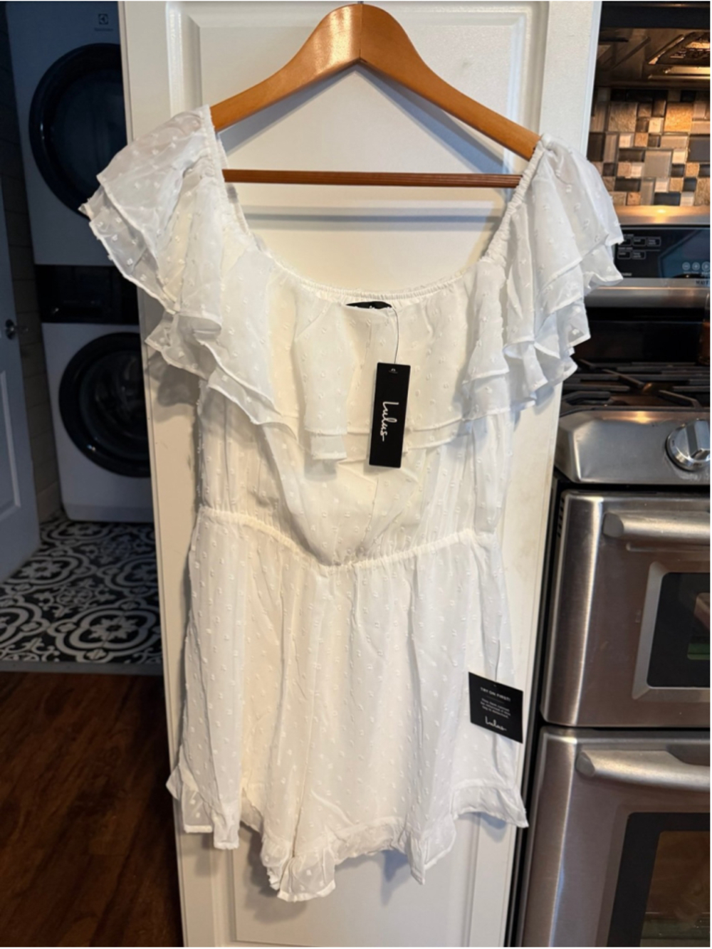 NWT Lulus Frilled to Bits White Swiss Dot Off-the-Shoulder Romper - Picture 4 of 10